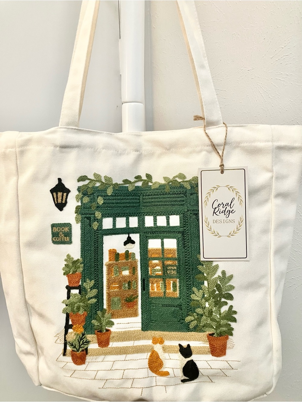 Coral Ridge Designs Embroidered Canvas Tote Bag Book & Coffee NWT